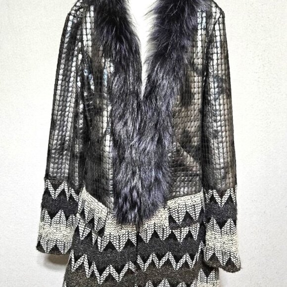 Neiman Marcus Raccoon Fur Reptile and Zig Zag Tweed Tagger Coat Women's Sz Large - Picture 1 of 11